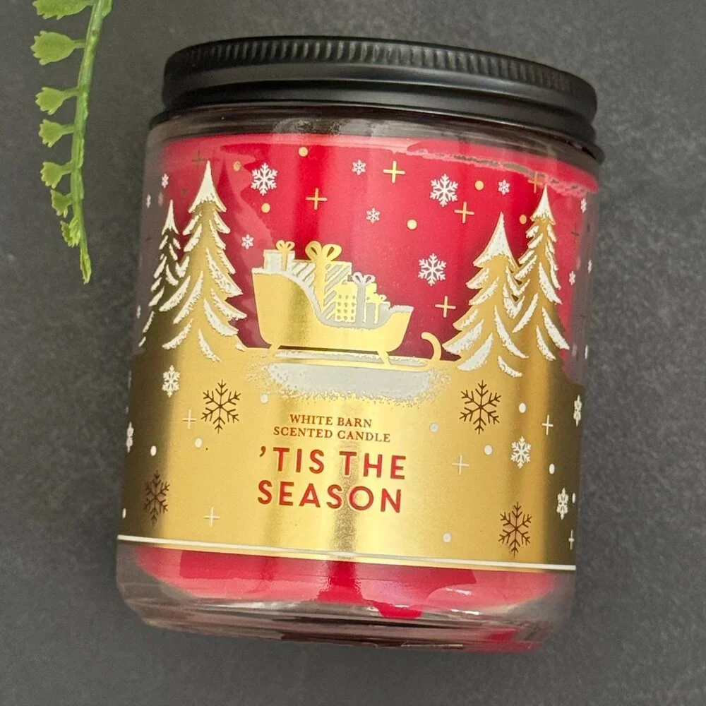 BBW 'Tis The Season White Barn Bath & Body Works Mason Jar Single Wick Candle